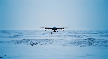 Drone hovering over a vast, snow-covered landscape under a clear, cold sky.
