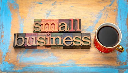 The words -SMALL BUSINESS- are spelled out in stacked, multi-colored, old wooden prin