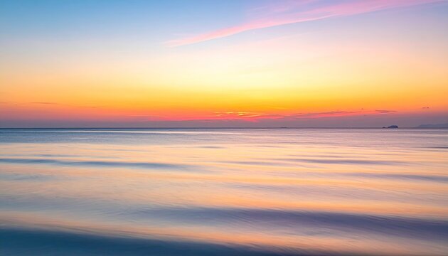 Vibrant sunset over calm ocean waters with soft clouds reflecting pastel colors in a serene coastal panorama