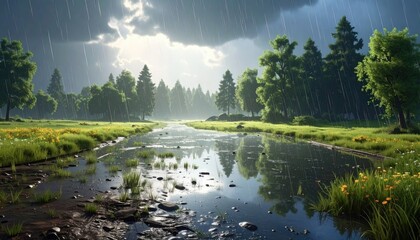 Rain-swept forest clearing with a stream