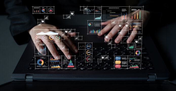A big data visualization and business analytics dashboard grid. A complex collection of charts and graphs for comprehensive company reporting. Motif
