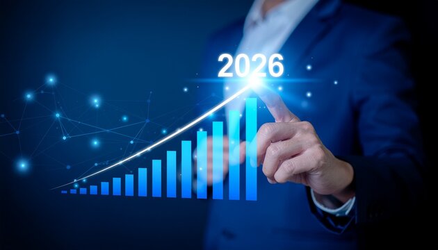 Visualize business growth toward 2026 with a dynamic, interactive chart interface and a confident business leader guiding the upward trend