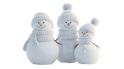 Snow sculpture of a snowman family ultra realistic high resolution on transparent background