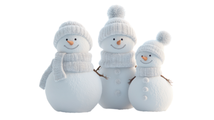 Snow sculpture of a snowman family ultra realistic high resolution on transparent background
