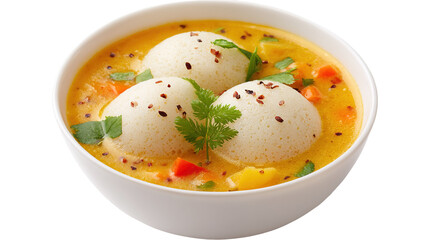 A plate of idli with a small bowl of red sauce and basil garnishings