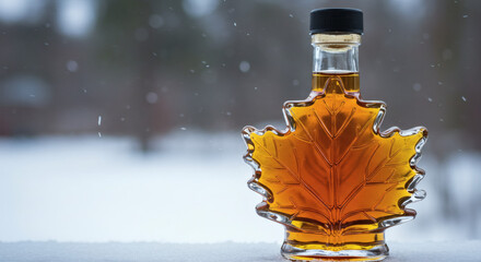 Rich amber maple syrup captured in a decorative leaf-shaped bottle during a gentle snowfall, evoking cozy winter sweetness and natural elegance.