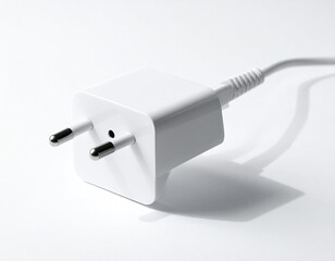 White plug with cord, angled on white surface