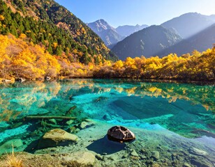 Tranquil alpine lake, autumn foliage reflects in crystal-clear water