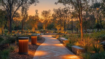Fototapeta premium Serene sunset park path with illuminated walkway and landscaping.