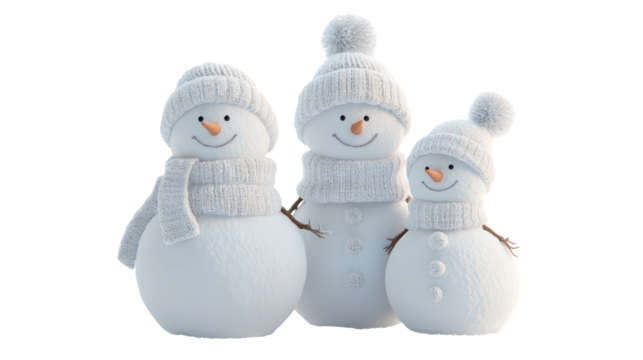 Snow sculpture of a snowman family ultra realistic high resolution on transparent background