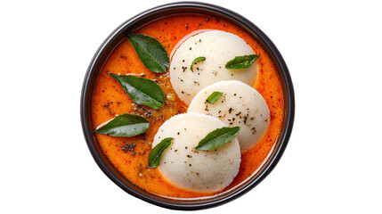 A plate of idli with a small bowl of red sauce and basil garnishings