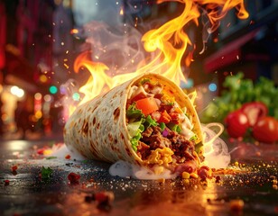 Fiery burrito explodes with flames and smoke, vibrant toppings