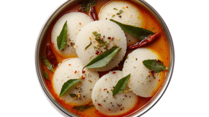This image shows a bowl of South Indian idlis served with sambar. The idlis are soft, white, round steamed rice cakes placed in a flavorful, spicy lentil-based curry garnished with mustard seeds, curr