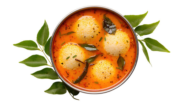 This image shows a bowl of South Indian idlis served with sambar. The idlis are soft, white, round steamed rice cakes placed in a flavorful, spicy lentil-based curry garnished with mustard seeds, curr