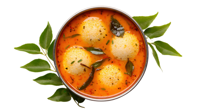 This image shows a bowl of South Indian idlis served with sambar. The idlis are soft, white, round steamed rice cakes placed in a flavorful, spicy lentil-based curry garnished with mustard seeds, curr