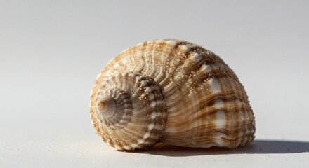 Intricate spiral seashell with fine sand particles clinging to its textured surface, perfect for coastal decor and summer themes.