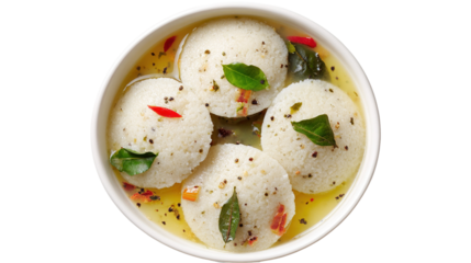 This image shows a bowl of South Indian idlis served with sambar. The idlis are soft, white, round steamed rice cakes placed in a flavorful, spicy lentil-based curry garnished with mustard seeds, curr
