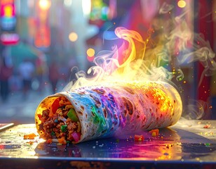 Vibrant burrito, fire, smoke, rainbow colors