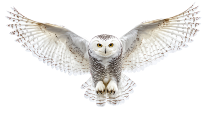 Snowy owl with spread wings overhead ultra realistic high resolution on transparent background