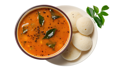 This image shows a bowl of South Indian idlis served with sambar. The idlis are soft, white, round steamed rice cakes placed in a flavorful, spicy lentil-based curry garnished with mustard seeds, curr