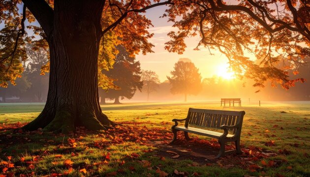 Autumn park sunrise, bench under tree