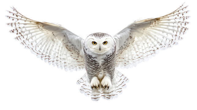Snowy owl with spread wings overhead ultra realistic high resolution on transparent background