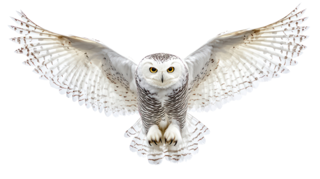 Snowy owl with spread wings overhead ultra realistic high resolution on transparent background