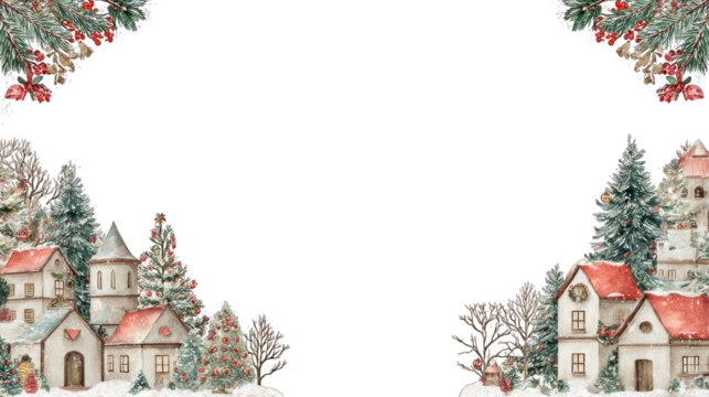 A winter village scene adorned with snow-covered houses, evergreen trees, and holiday decorations, framed by a dark background.