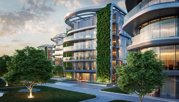 Modern Futuristic Apartment Buildings with Curved Glass Facades and Green Vertical Garden