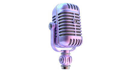 Fototapeta premium Vintage chrome microphone stands against a bokeh background of purple and orange circular lights