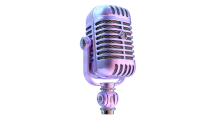 Vintage chrome microphone stands against a bokeh background of purple and orange circular lights