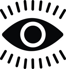 Stylized eye icon with radiating lines on white background, abstract, alert, awareness, black, circle, concept,