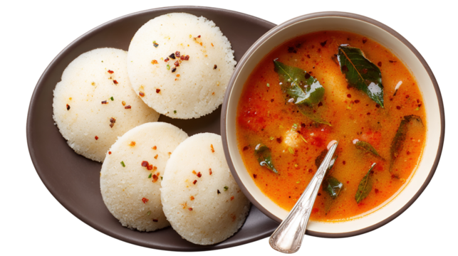 This image shows a bowl of South Indian idlis served with sambar. The idlis are soft, white, round steamed rice cakes placed in a flavorful, spicy lentil-based curry garnished with mustard seeds, curr