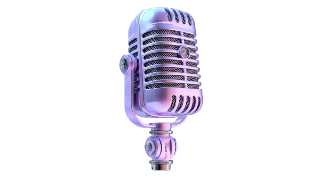 Vintage chrome microphone stands against a bokeh background of purple and orange circular lights