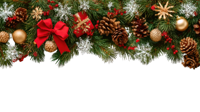 A festive arrangement of pine branches, ornaments, gifts, and snowflakes, capturing the essence of Christmas decorations.