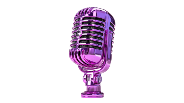 Vintage chrome microphone stands against a bokeh background of purple and orange circular lights