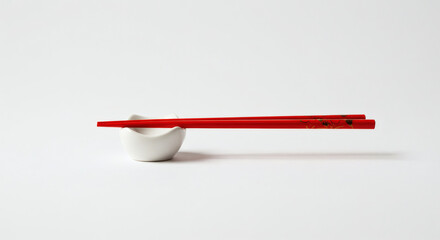 Elegant red chopsticks with floral design rest on a minimalist white ceramic chopstick holder, perfect for Asian cuisine presentation.