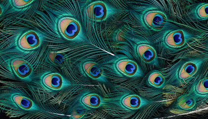 Fototapeta premium Intricate close-up pattern of beautiful peacock feathers in teal, blue‌ and gold.