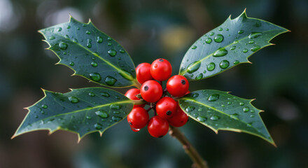 Vibrant red holly berries glistening with fresh water droplets on dark green spiky leaves, perfect for festive holiday designs and winter themes.