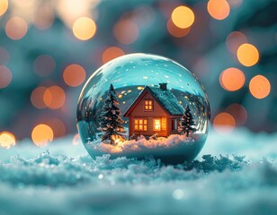 Tiny house in snow globe, warm lights
