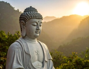 Serene sculpture of a seated spiritual figure against a mountain sunset
