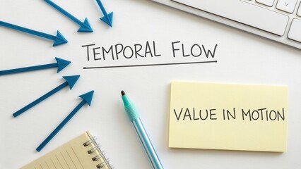 Conceptual representation of temporal flow with directional arrows and sticky note showcasing value in motion in a workspace setting
