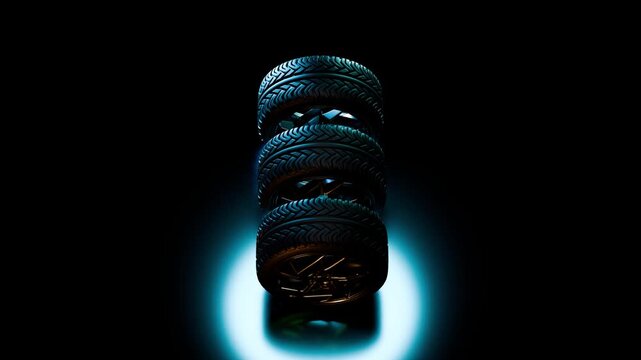 Vertical stack of three tyres with bold highlights, seamless looping video