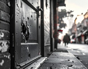 Damaged storefront door with bullet holes