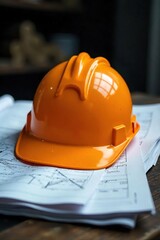 Exhausted Construction Workers Hard Hat on Blueprints  A poignant image symbolizing the demanding nature of construction work, highlighting safety, risk, and the physical toll of the job.