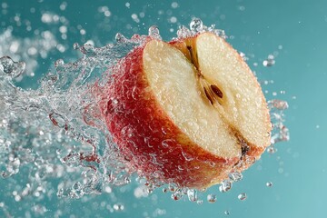 Fresh Apple Slice with Water Splash on Blue Background