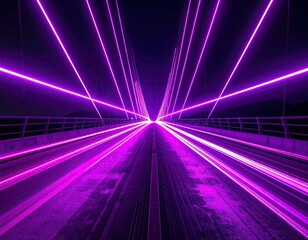 Purple neon light streaks on a bridge at night