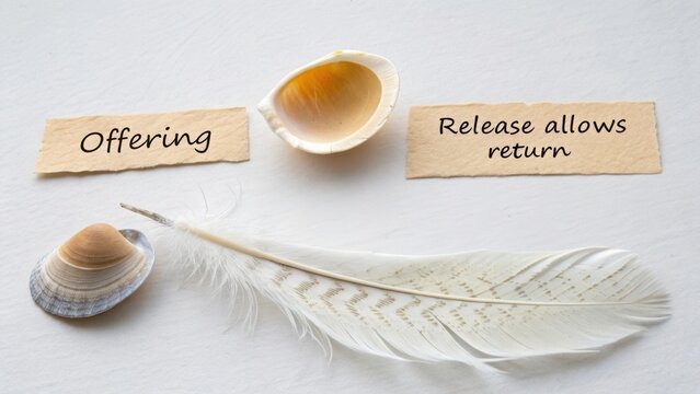 Delicate arrangement of feathers and shells with thoughtful messages about offering, release, and return for spiritual reflection and connection