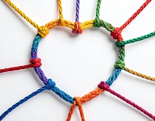 Colorful ropes forming a heart shape on white background