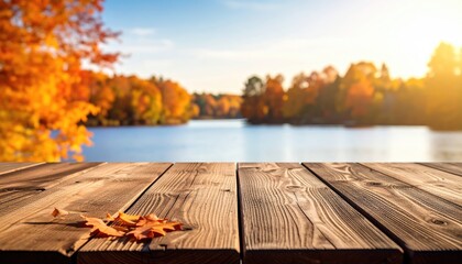 Autumnal wooden table overlooking a lake